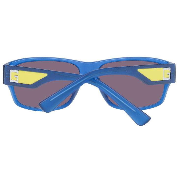Blue and yellow rectangular sunglasses in plastic frame, side temple logo visible, casual styling