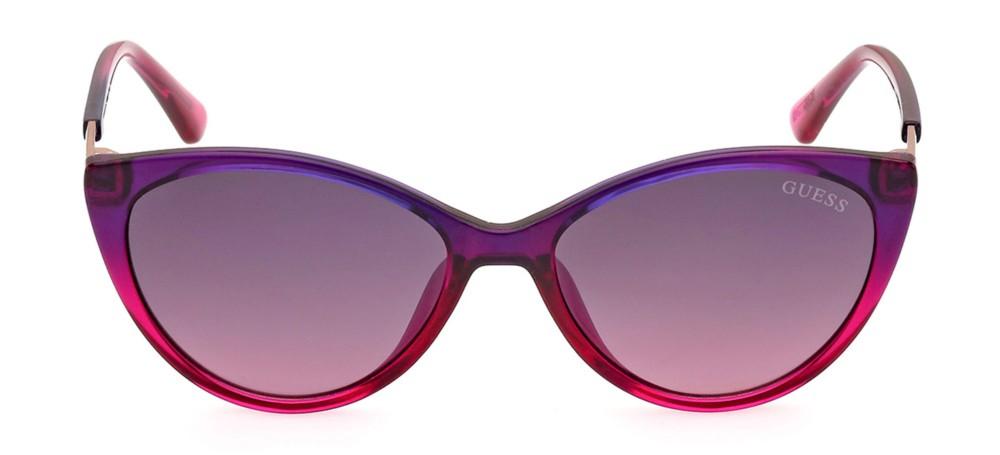 Purple and pink cat-eye sunglasses with gold metal accents and gradient lenses, logo on temples