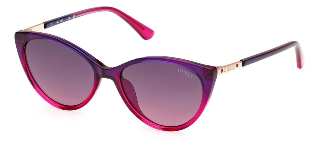 Purple and pink cat-eye sunglasses with gold metal accents and gradient lenses, logo on temples
