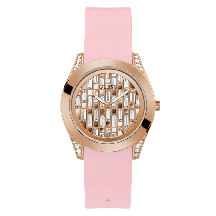 Rose gold wristwatch with light pink dial, crystal accents, and silicon fabric strap for Man