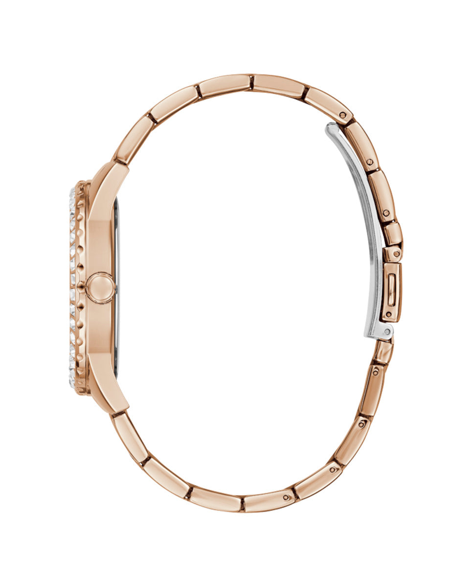 Rose gold wristwatch on black dial, crystal bezel, stainless steel bracelet, 38 mm case