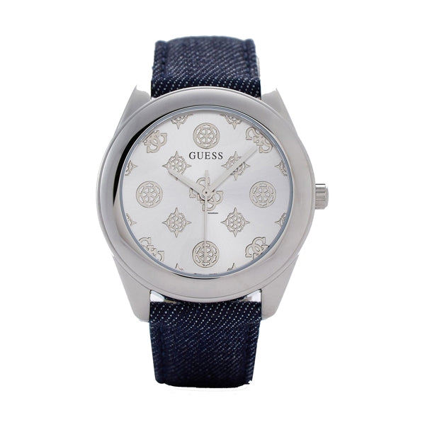 Guess wristwatch front view: silver case, white dial, silver accents, dark blue fabric strap