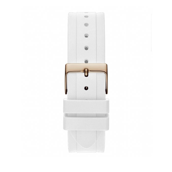 Rose gold chronograph wristwatch on white dial, crystal accents, silicone strap, luxury finish