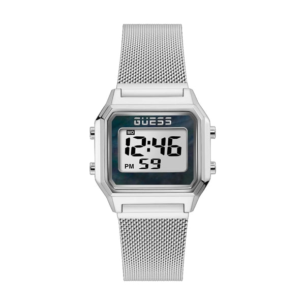 Silver stainless steel digital watch with mesh bracelet and clear day-date display, modern Unisex design