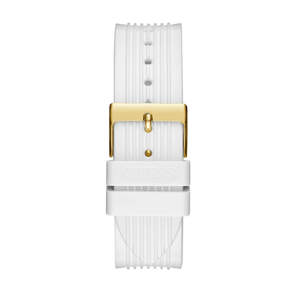 Gold chronograph watch with transparent white silicone strap and multiple sub-dials on white background