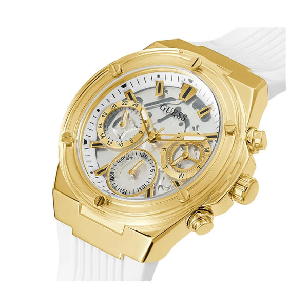 Gold chronograph watch with transparent white silicone strap and multiple sub-dials on white background