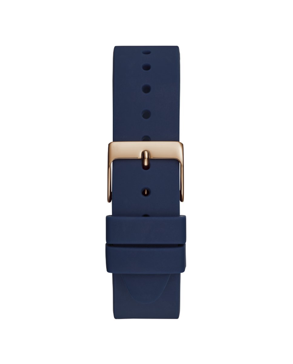 Guess rose gold wristwatch with navy silicone strap and rose gold mineral dial, front-facing on white background