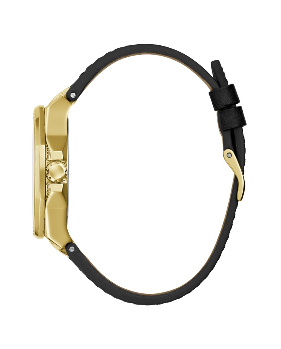 Gold stainless steel watch with black leather strap, crystal-set dial, 38mm case, quartz movement