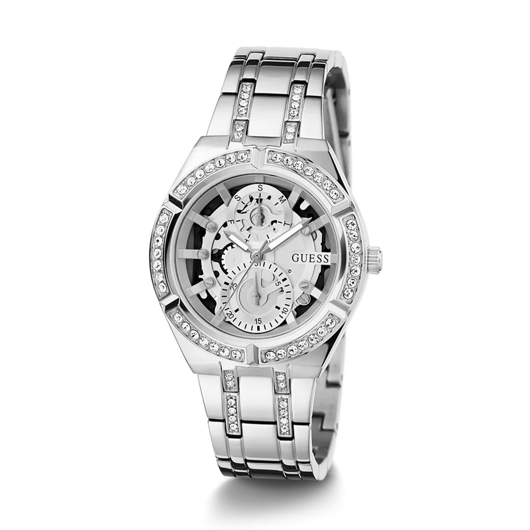Silver stainless steel wristwatch with crystal-set bezel and bracelet on mineral dial, 36 mm case for Man
