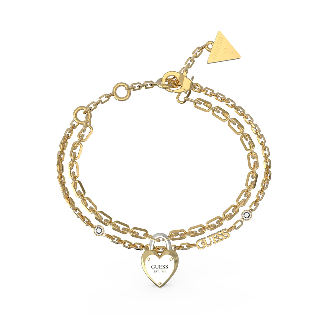 Gold chain bracelet with heart lock, triangular tag and two small round stones on links