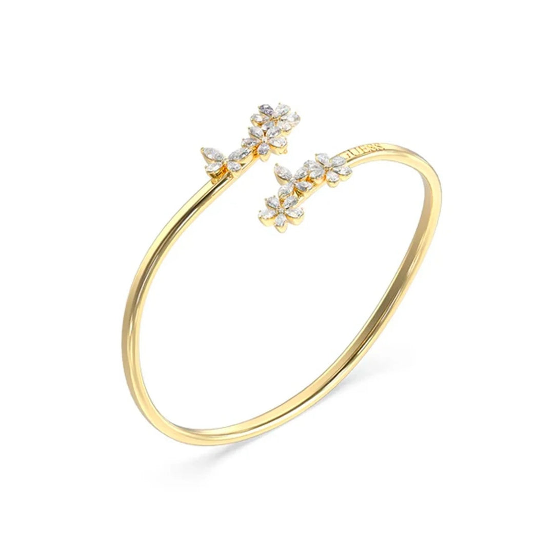 Gold-plated open-ended cuff bracelet with clear crystal floral clusters on each end for Women