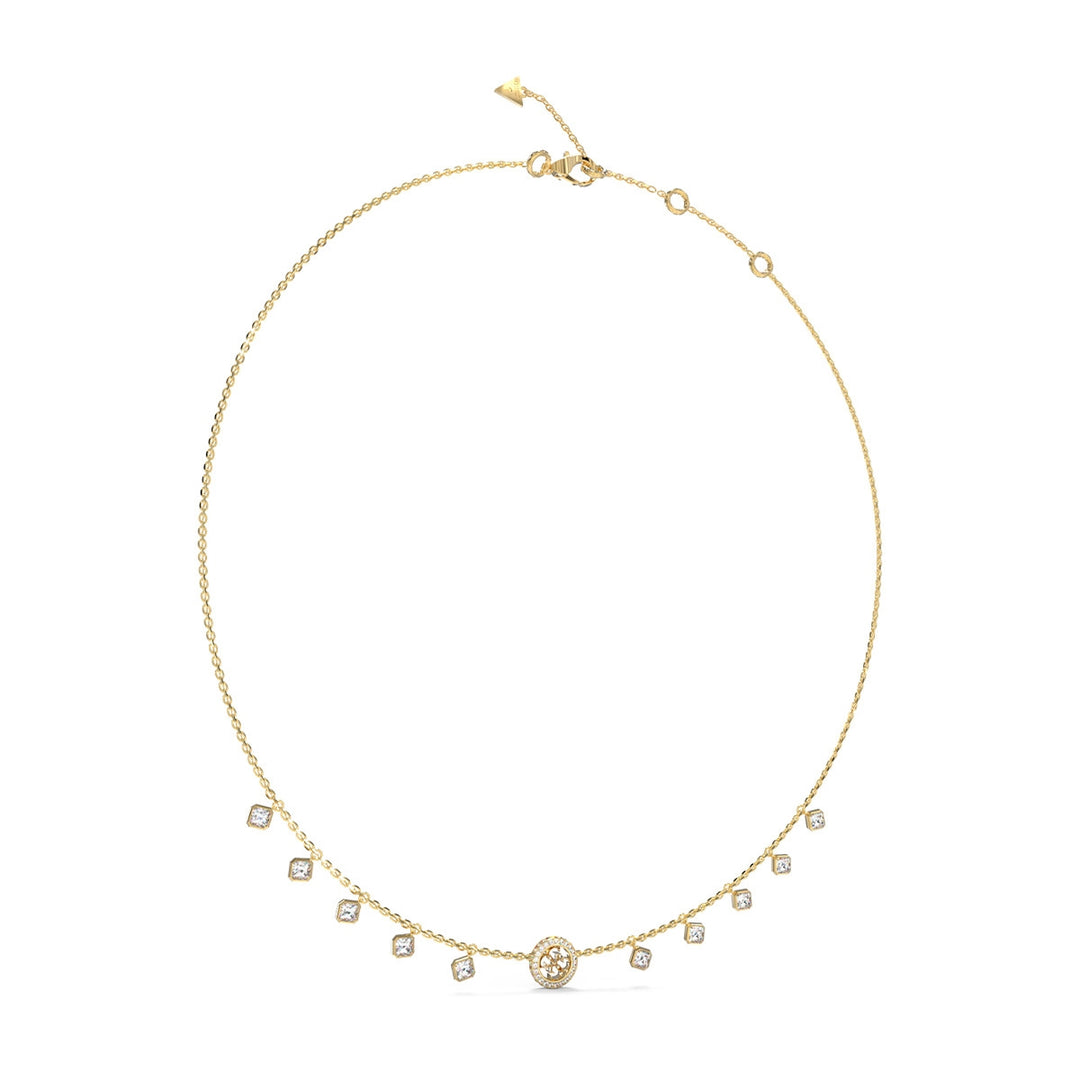 Delicate gold pendant necklace with small square stone charms and a round logo charm on fine chain
