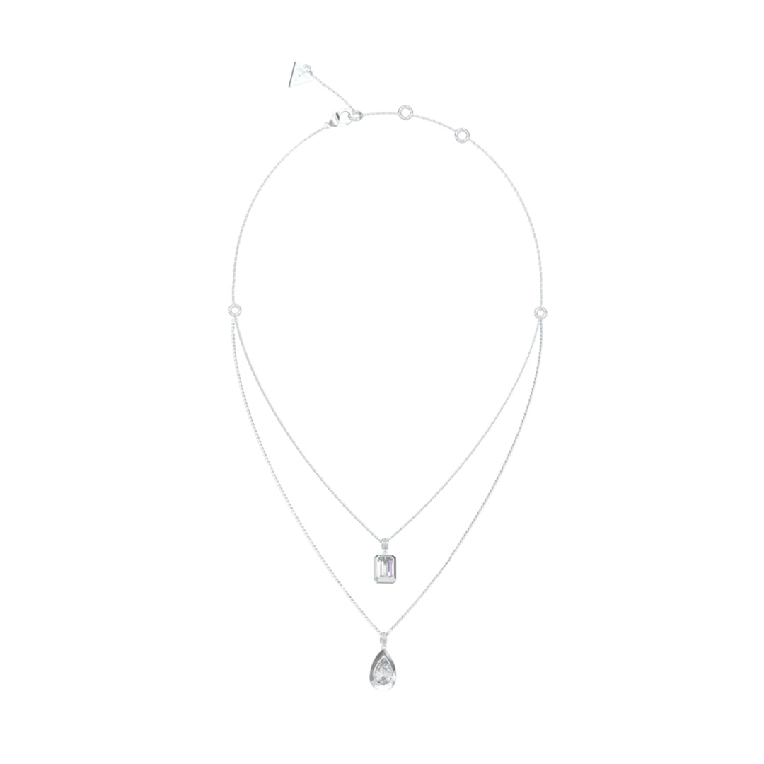 Silver layered necklace for Women featuring two chains and two pendants with clasp closure on display