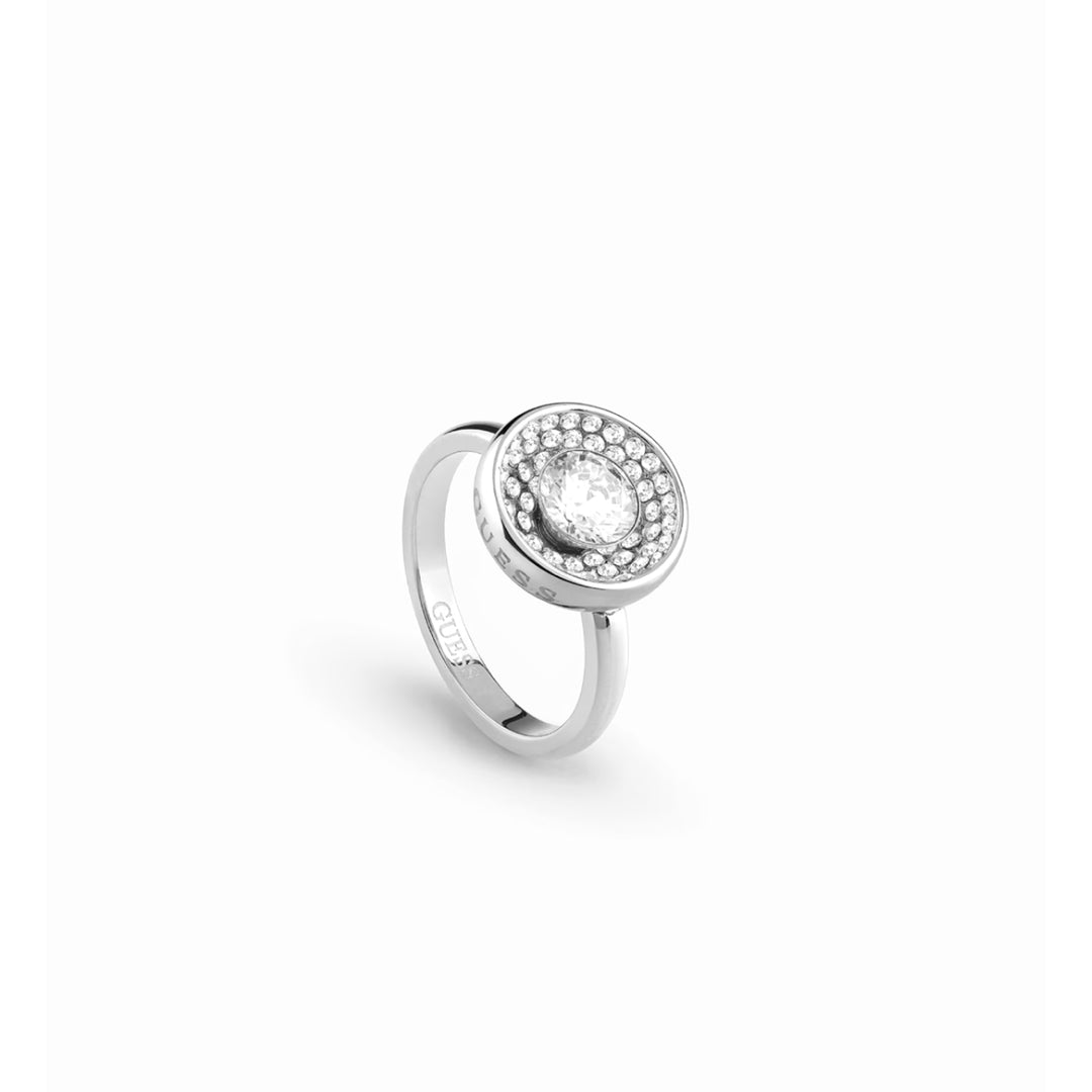Silver signet ring with round center, halo of clear stones and engraved band detail on neutral background