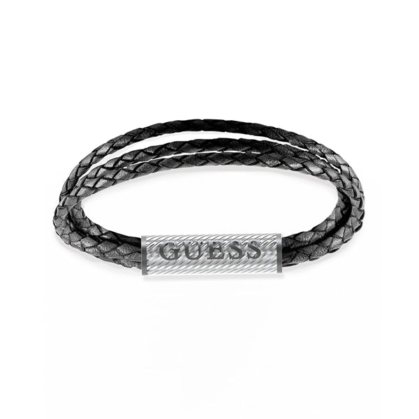 Black braided leather bracelet with silver metal clasp on neutral background, casual style for Man.