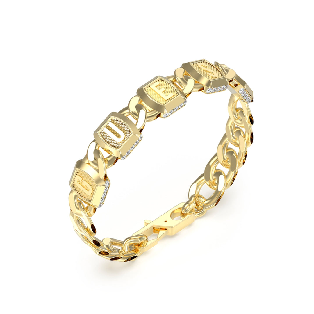Gold chain bracelet with letter blocks and small embedded stones on a white background