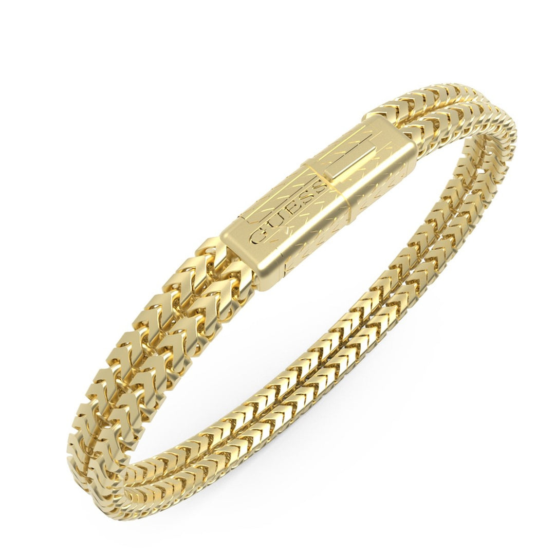 Gold double-chain metal bracelet for Man with engraved clasp, polished finish, wrist-ready design
