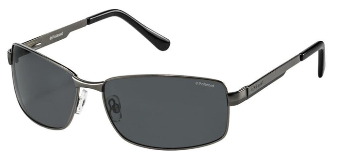 Black metal rectangular sunglasses with dark gray polarized lenses and plastic temple tips, Polaroid logo visible