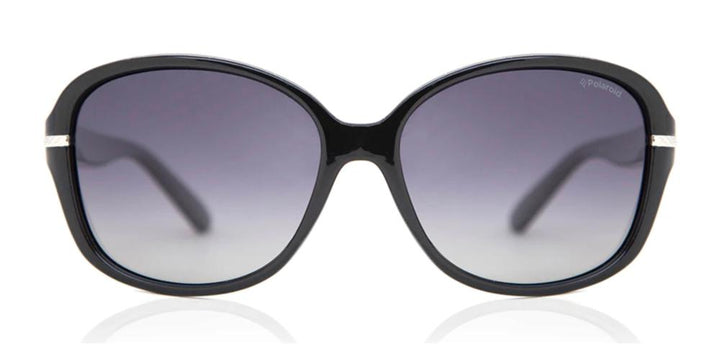 Black oversized rounded rectangular sunglasses with gradient dark lenses and silver hinge detail, Polaroid logo visible