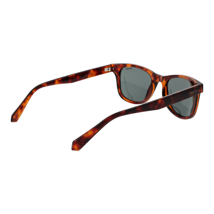 Unisex tortoise shell rectangular sunglasses in plastic frame with dark polarized lenses on white background