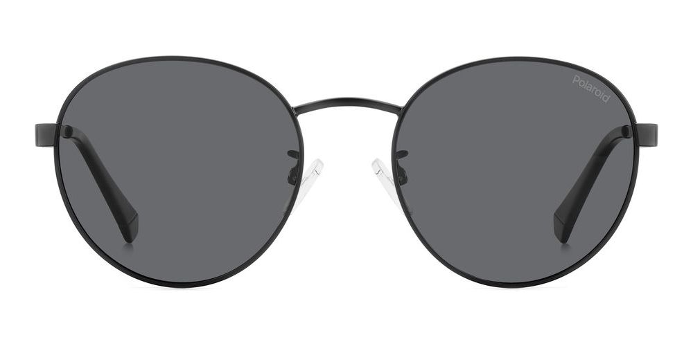 Black metal round sunglasses with polarized lenses and adjustable nose pads on white background