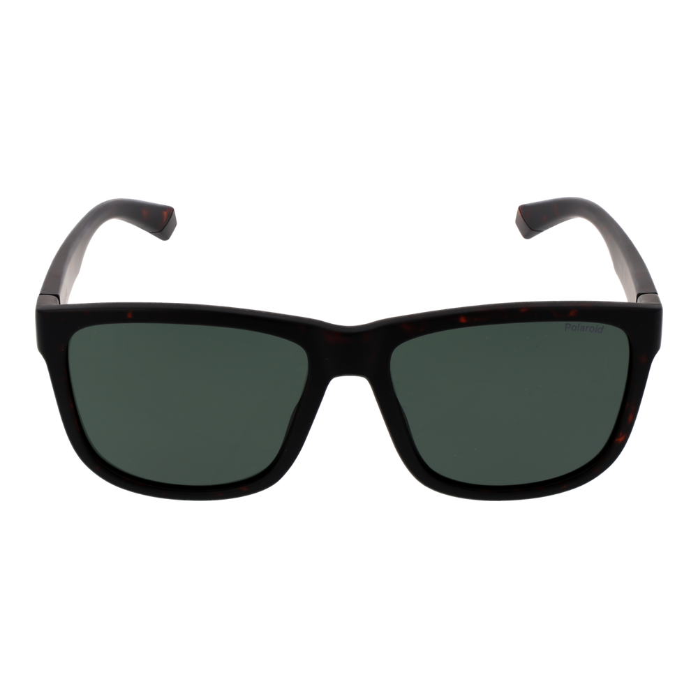 Tortoiseshell rectangular sunglasses in plastic frame with dark green polarized lenses, temple logo visible