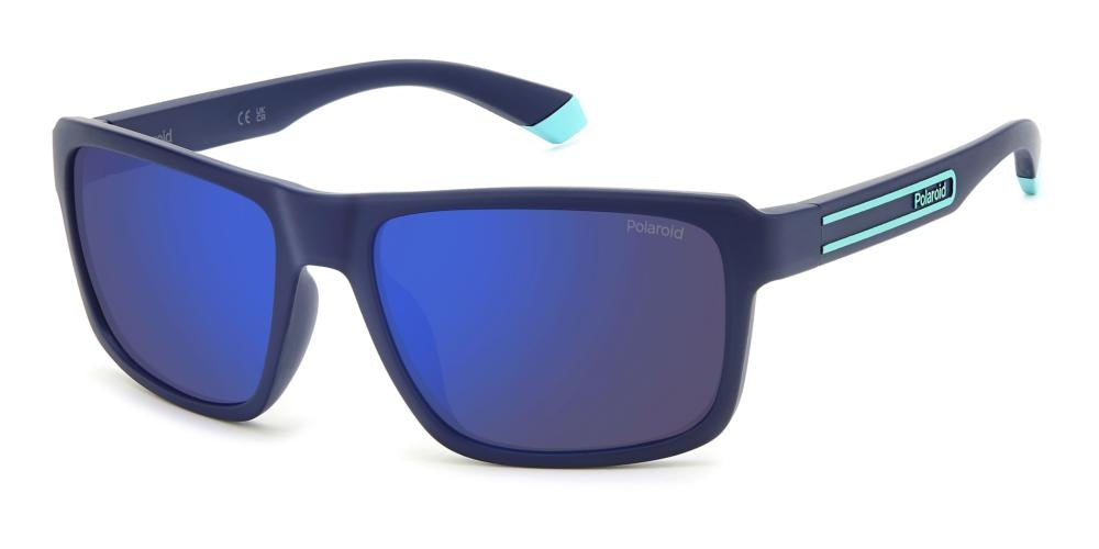 Blue rectangular sport sunglasses with light and deep blue two-tone temples and polarized lenses