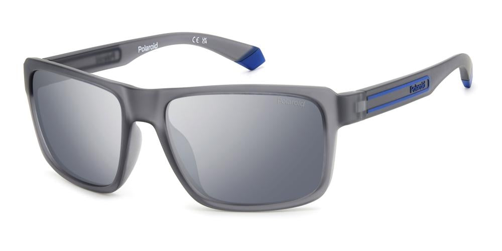Gray rectangular sport sunglasses with blue accents, polarized lenses and logo on temple and lens