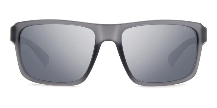 Gray rectangular sport sunglasses with blue accents, polarized lenses and logo on temple and lens