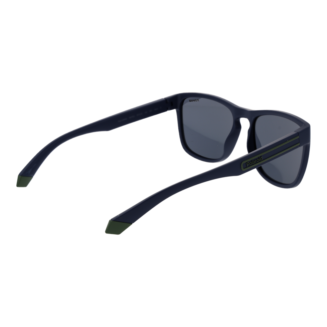 Dark blue rectangular plastic sunglasses with polarized lenses and subtle side stripes on a neutral background