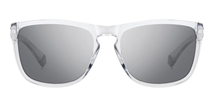 Clear recycled polycarbonate rectangular sunglasses with gray polarized lenses, modern sporty Unisex design