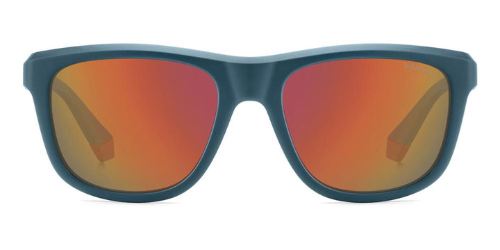 Unisex blue full-rim rectangular sunglasses with orange accents and red-orange mirrored lenses on white background