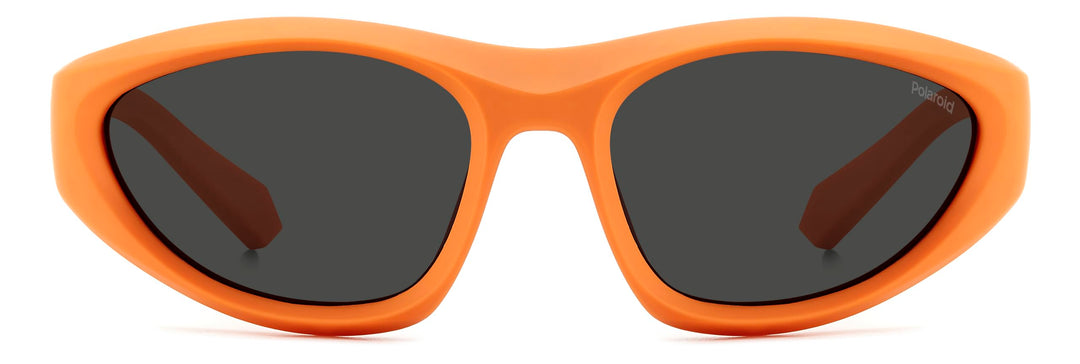 Unisex orange plastic cat-eye sunglasses, polarized lenses, sporty silhouette against neutral background