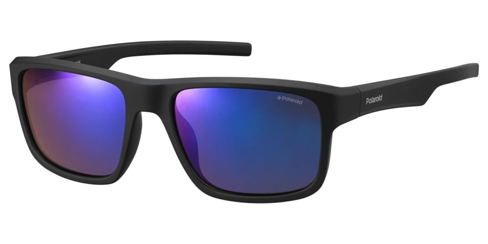 Unisex sporty rectangular sunglasses black frame with blue–purple gradient polarized lenses on white background