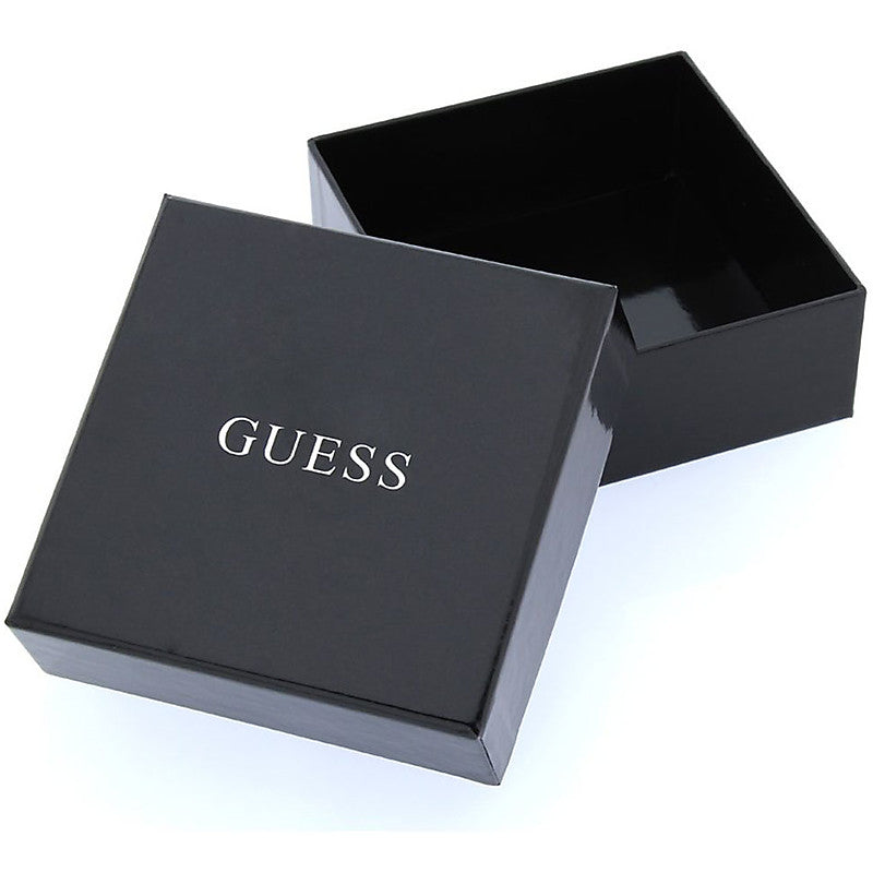 Gold chunky chain pendant necklace with square light-blue faceted stone on black background, packaged in box