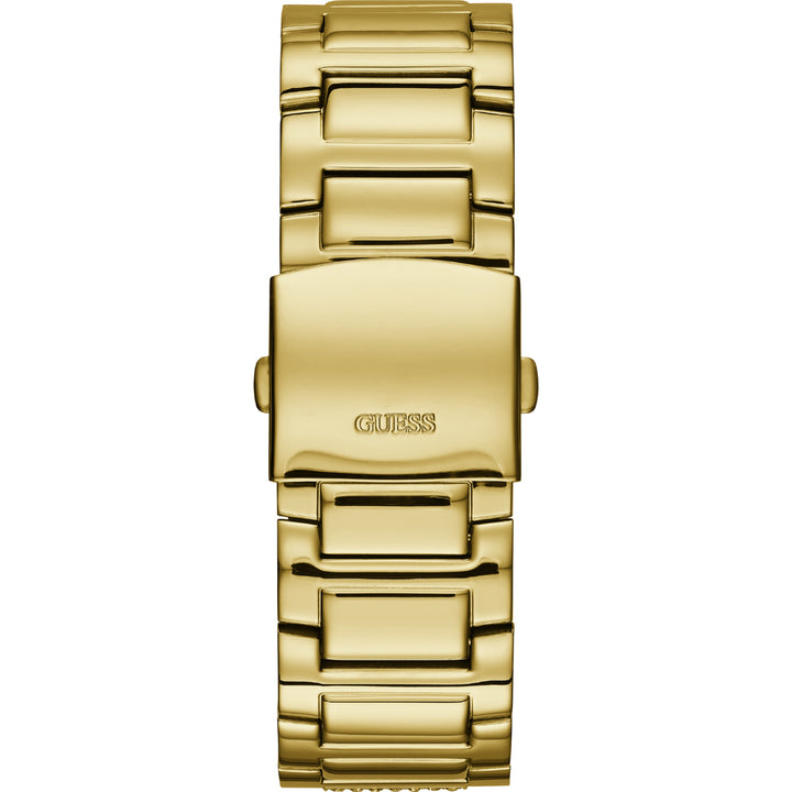 Unisex gold-tone chronograph watch with crystal-studded bezel and bracelet links on neutral background