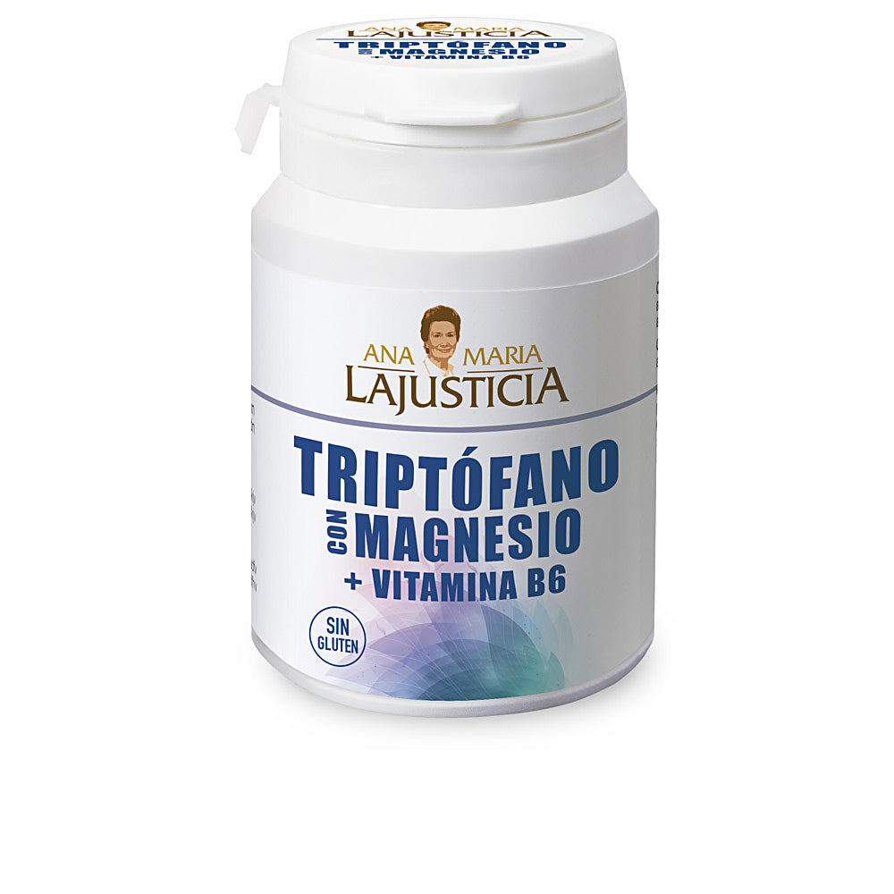 Bottle of 60 supplement tablets — L‑tryptophan, magnesium, vitamin B6