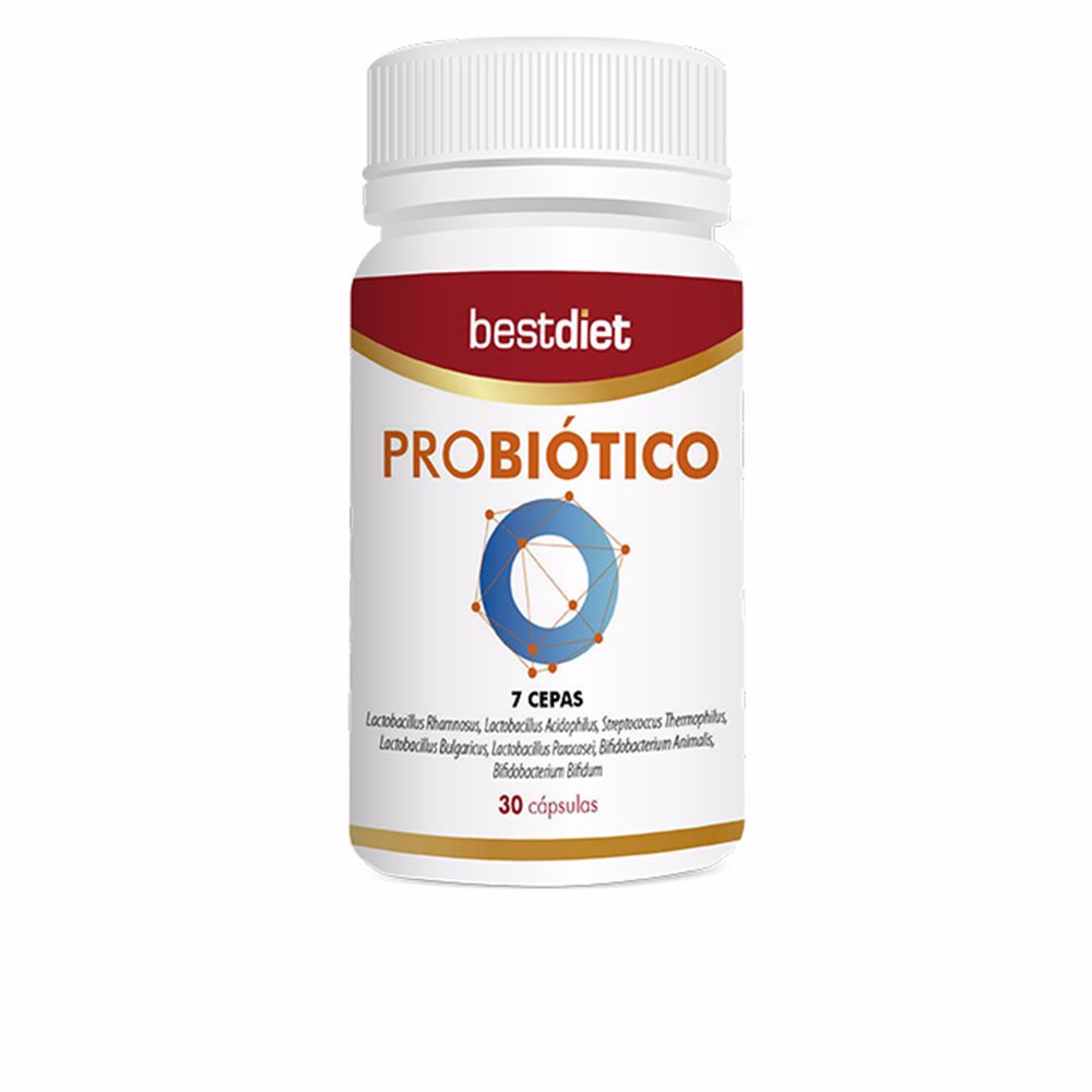 Bottle of 30 probiotic capsules; seven bacterial strains, prebiotic FOS, gelatin capsule