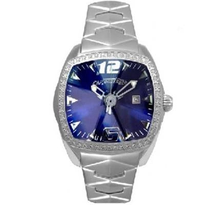 Silver stainless steel watch with blue dial, crystal bezel, metal link bracelet, luminous hands, date window