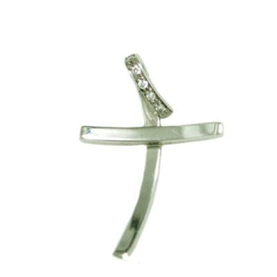 Silver cross pendant with polished finish and small clear stones set on the bail, shown on a neutral background