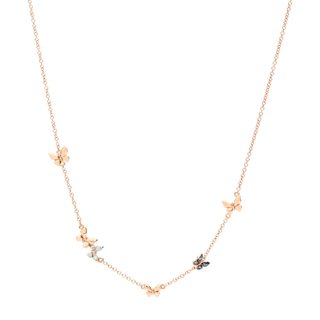 Rose gold butterfly pendant necklace with white diamonds and blue sapphires on delicate chain for Women