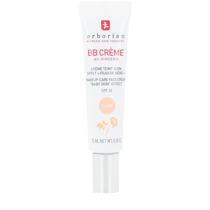 Erborian White plastic tube BB cream with metallic cap, printed text and delicate flower illustration, small size