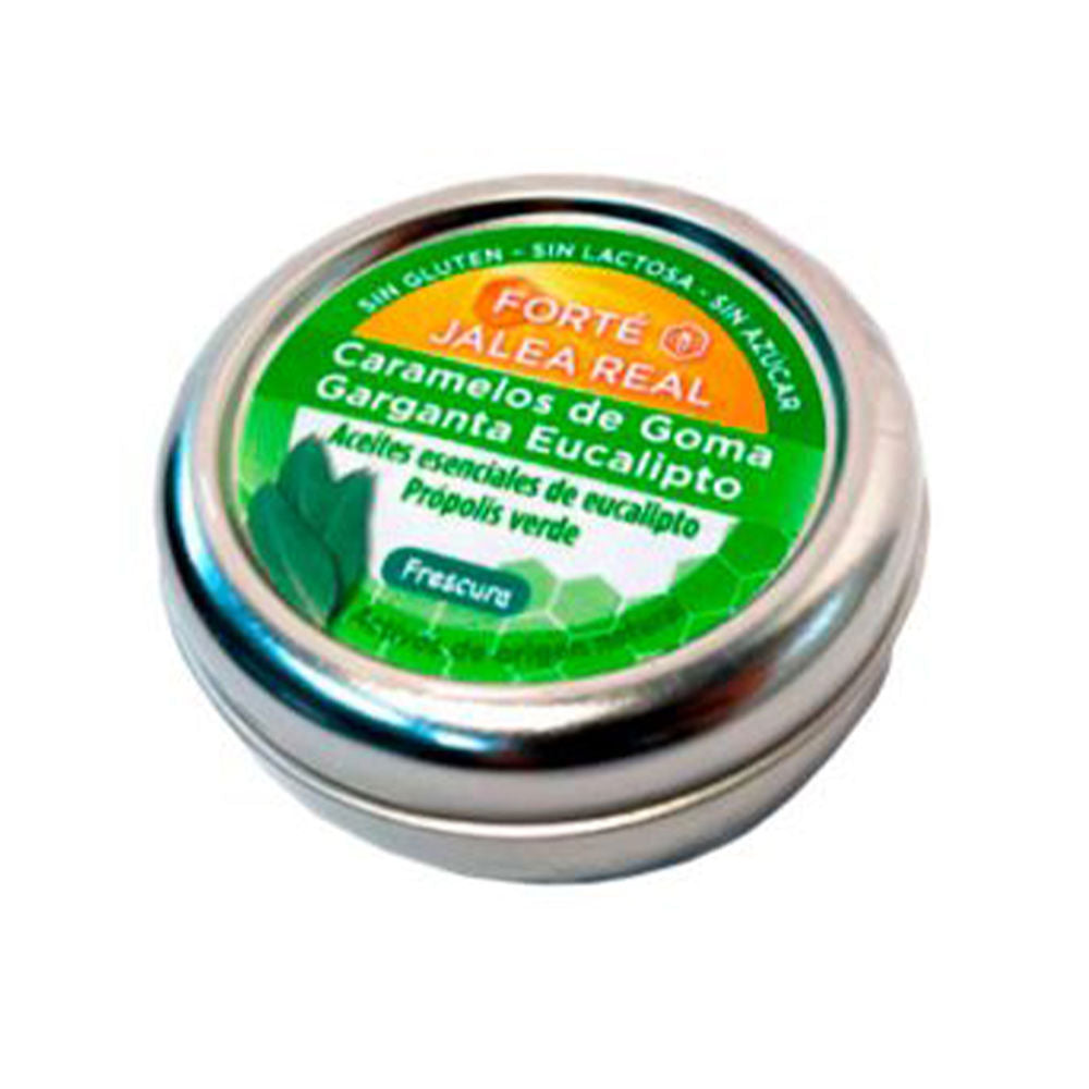 Forté Pharma Round green, orange, and silver metal tin of eucalyptus gummies with hexagonal label and eucalyptus illustration