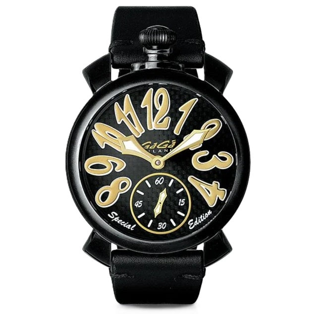 Black round dial wristwatch with large gold numerals, black leather strap and crown at 12 o&
