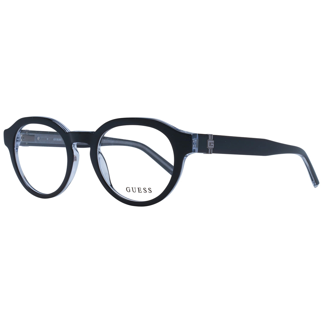 Unisex black round eyeglasses in plastic frame with clear inner edges and metal temple logo, front three-quarter view