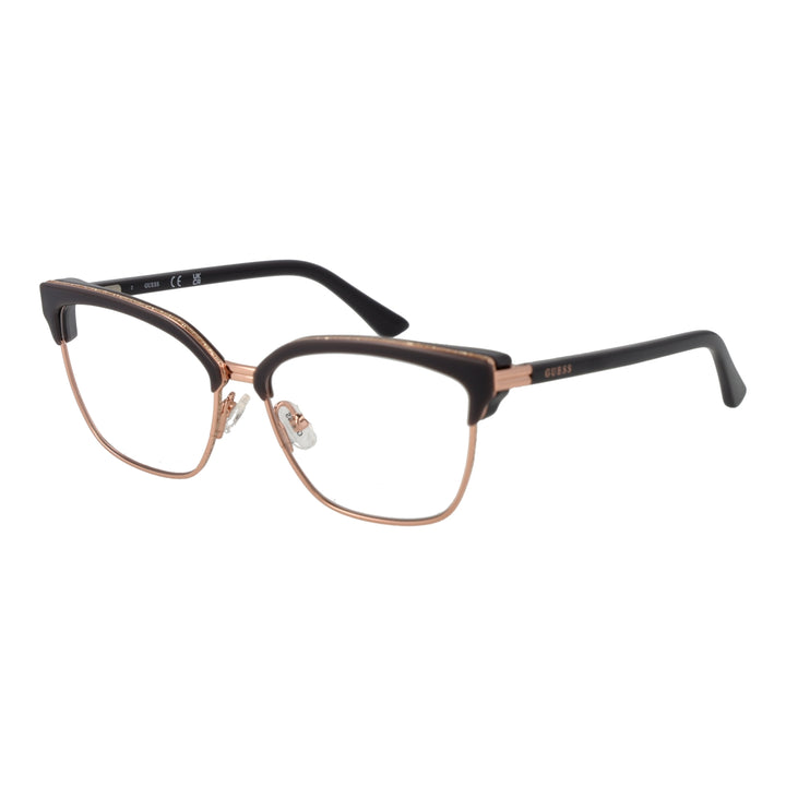 Black cat-eye eyeglasses with rose-gold metal frame and black plastic temples on white background