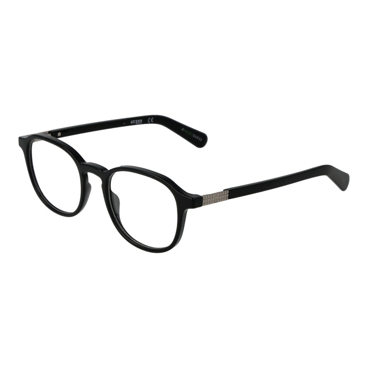 Unisex black round eyeglasses with plastic frame and metal-accent temples on white background