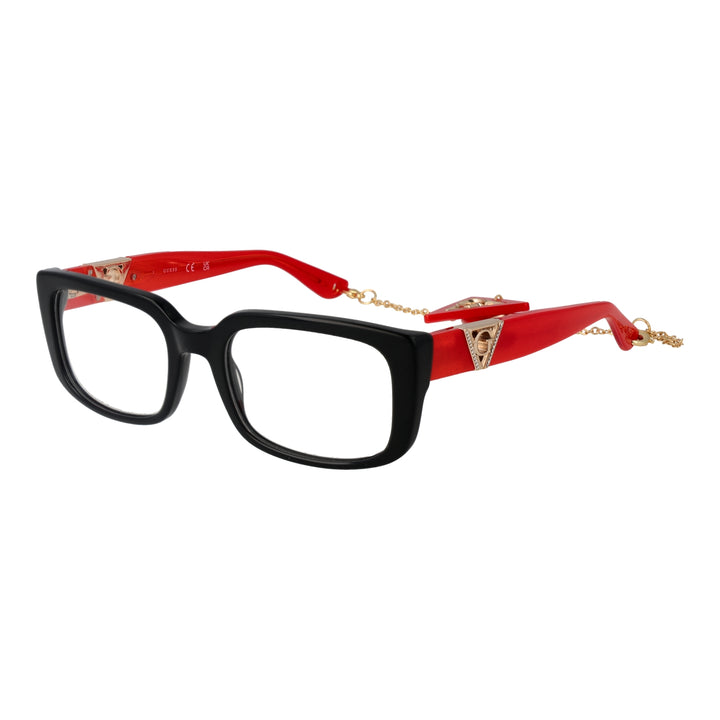 Black and red rectangular eyeglasses with gold emblem on temples and attached metal chain, front three-quarter view