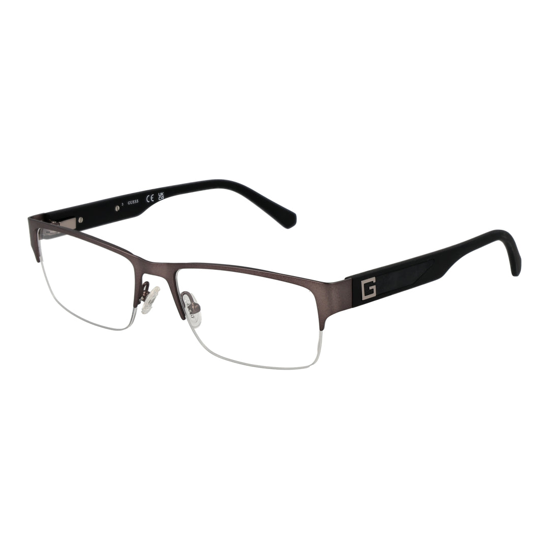 Brown and black half-rim eyeglasses, rectangular lenses, metal frame, adjustable nose pads, plastic temple tips