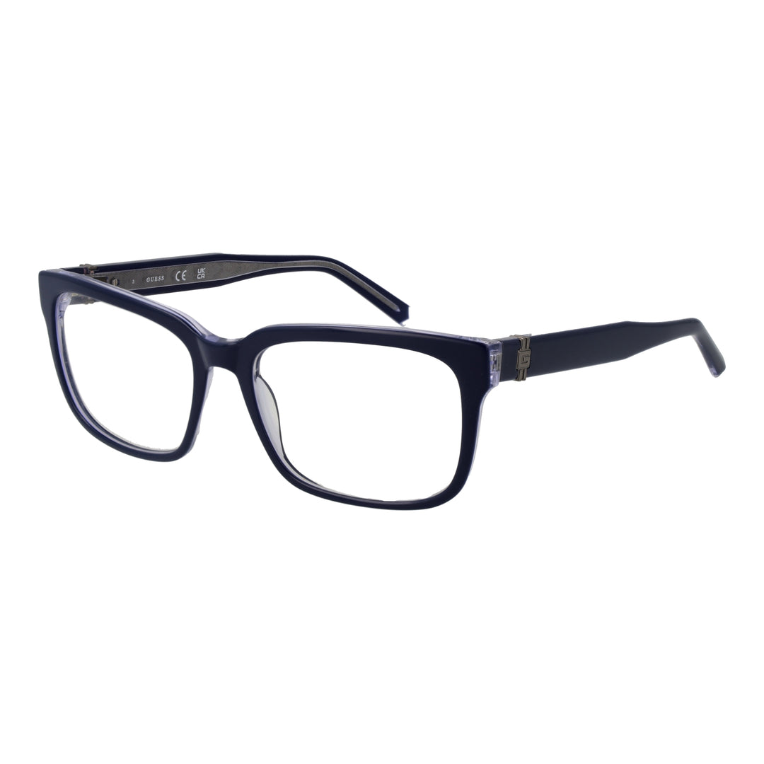 Dark blue full-rim rectangular eyeglasses in plastic with metal logo on temples, Unisex modern design